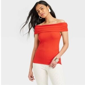 a new day Slim Fit Off-the-Shoulder Ribbed Top - Orange-Red